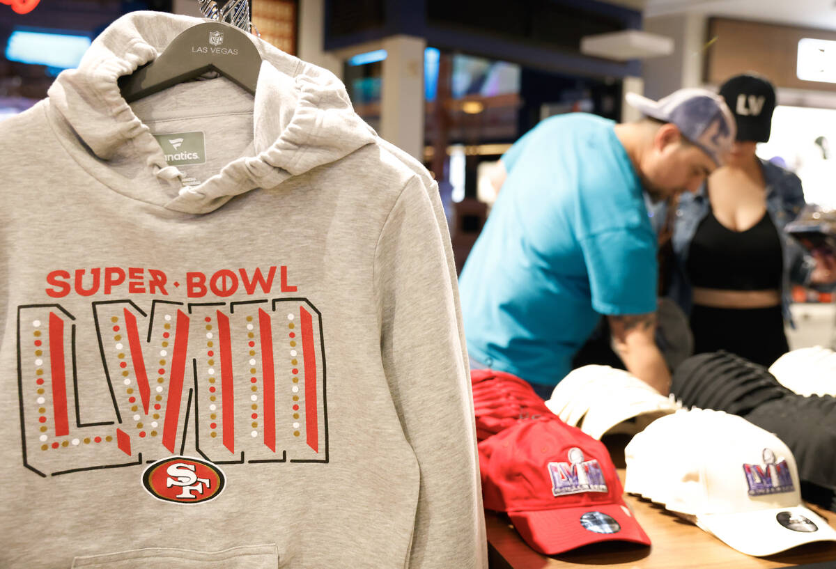 Super Bowl LVIII merchandise from San Francisco 49ers are displayed at the NFL Las Vegas store ...