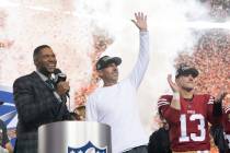 San Francisco 49ers head coach Kyle Shanahan waves after their win against the Detroit Lions in ...