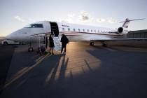 Passengers arrive from a Set Jet private jet flight during a groundbreaking event for the compa ...