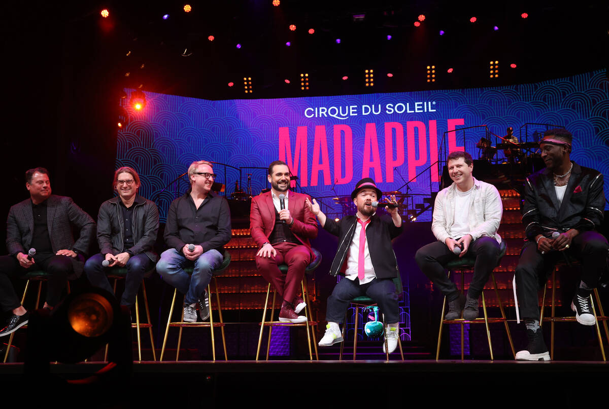 Cirque du Soleil President Eric Grilly, from left, “Mad Apple” Executive Producer Simon Pai ...