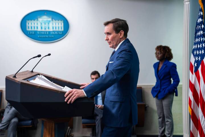 National Security Council spokesman John Kirby speaks during a press briefing at the White Hous ...