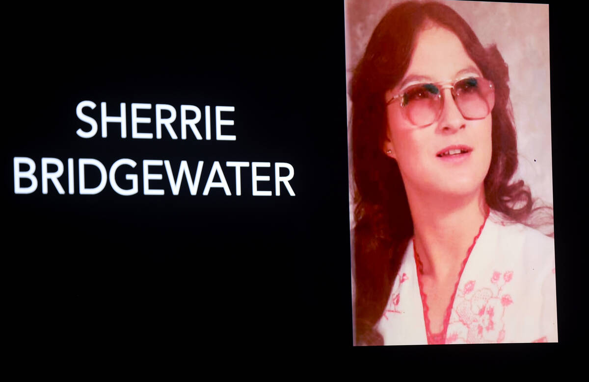 A photo of Sherrie Bridgewater, who was murdered in Las Vegas in 1991, is shown during a press ...