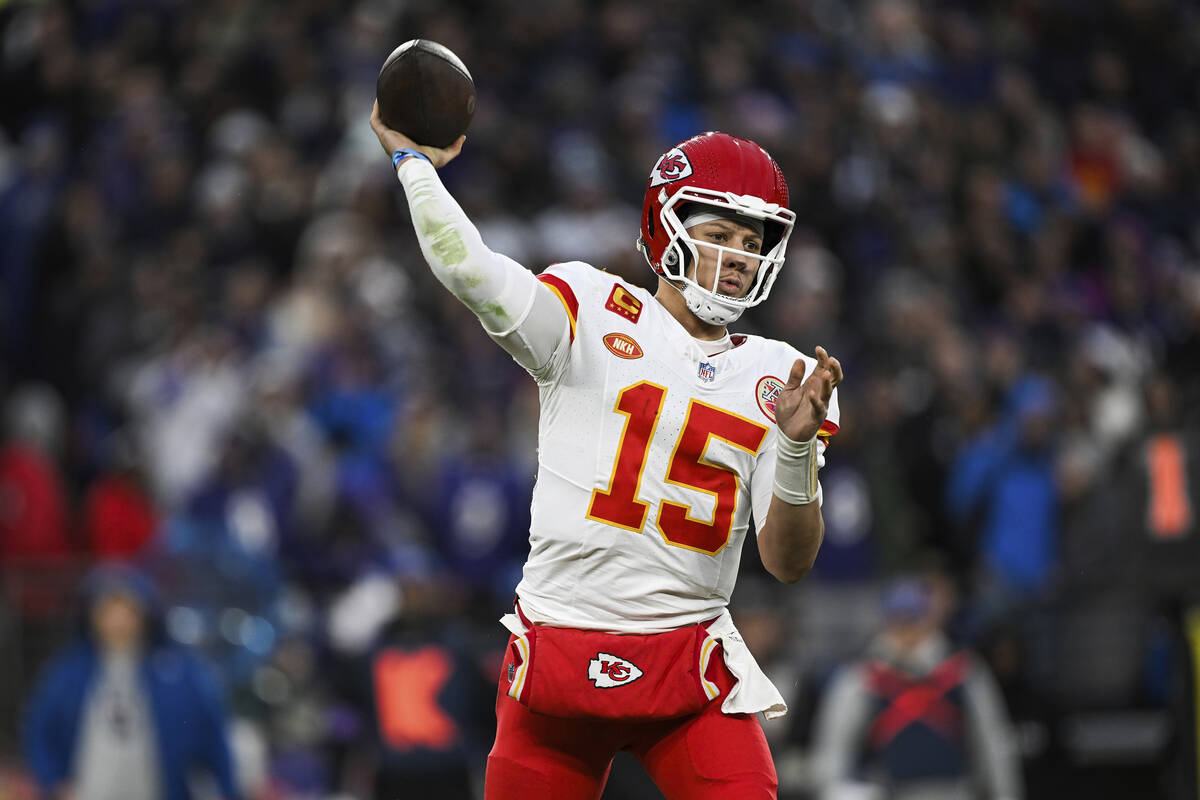 Kansas City Chiefs quarterback Patrick Mahomes (15) throws a pass during the first half of the ...