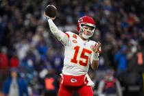 Kansas City Chiefs quarterback Patrick Mahomes (15) throws a pass during the first half of the ...