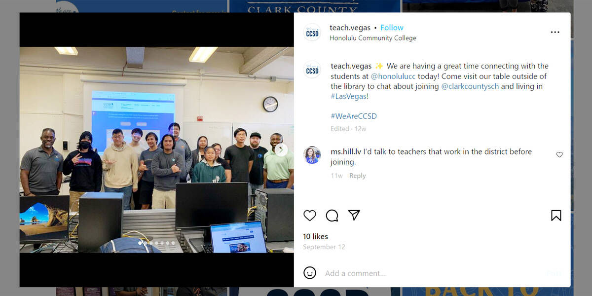 The Clark County School District showcases on Instagram a meeting with students at Honolulu Com ...