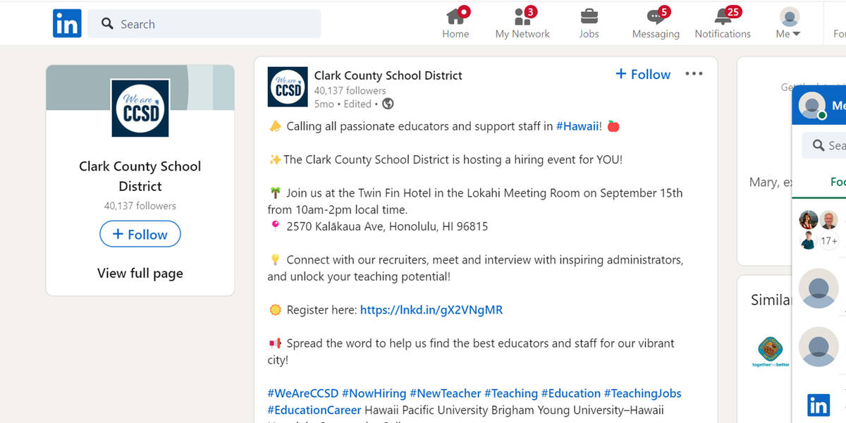 The Clark County School District promotes a hiring event at a hotel on Waikiki Beach in Honolul ...