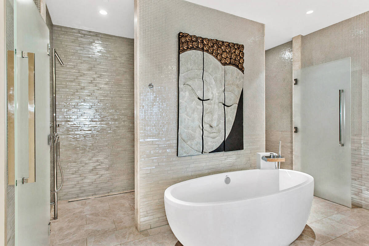 The master bath in the $5 million Waldorf Astoria penthouse. (Coldwell Banker Premier)
