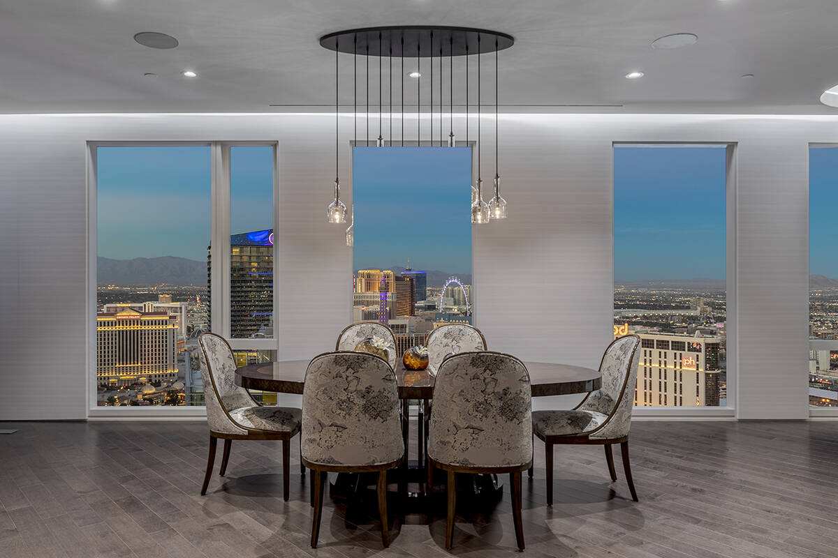 The dining room of the $9.5 million penthouse at the Waldorf Astoria has views of the Las Vegas ...