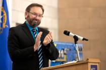 Henderson city manager Richard Derrick speaks during an opening event for the Debra March Cente ...