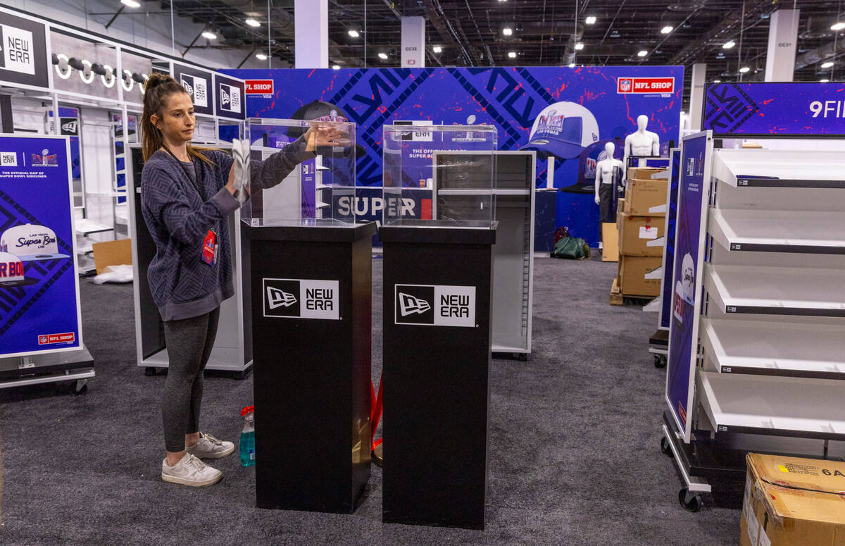 A New Era merchandise area within the NFL Shop is set up for the Super Bowl Experience at the ...