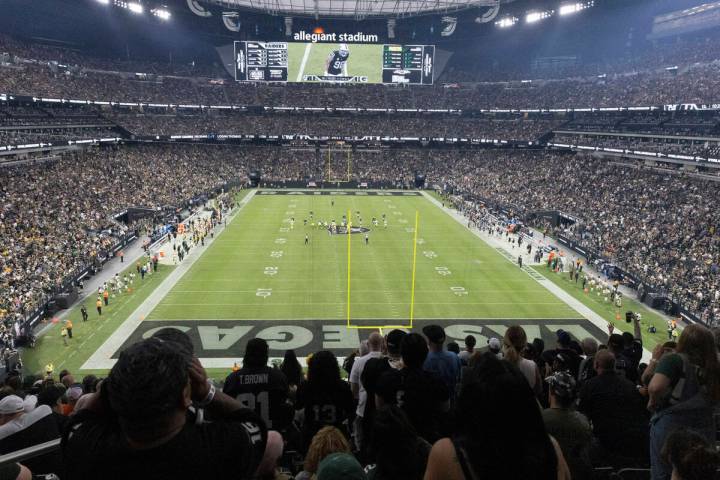 An overview of the field at Allegiant Stadium during the first half of an NFL game between the ...