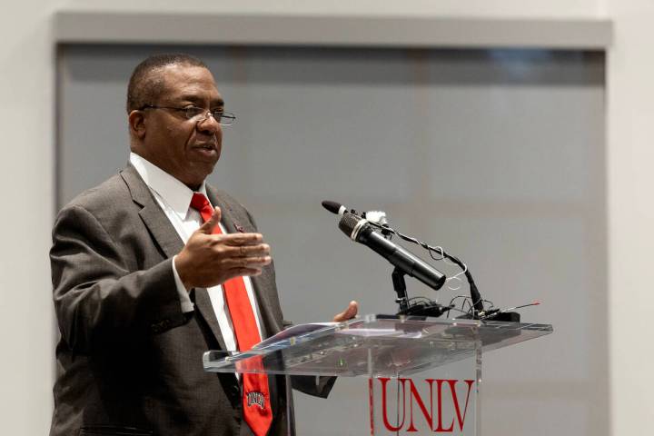 UNLV President Keith Whitfield speaks during a news conference at the Richard Tam Alumni Center ...