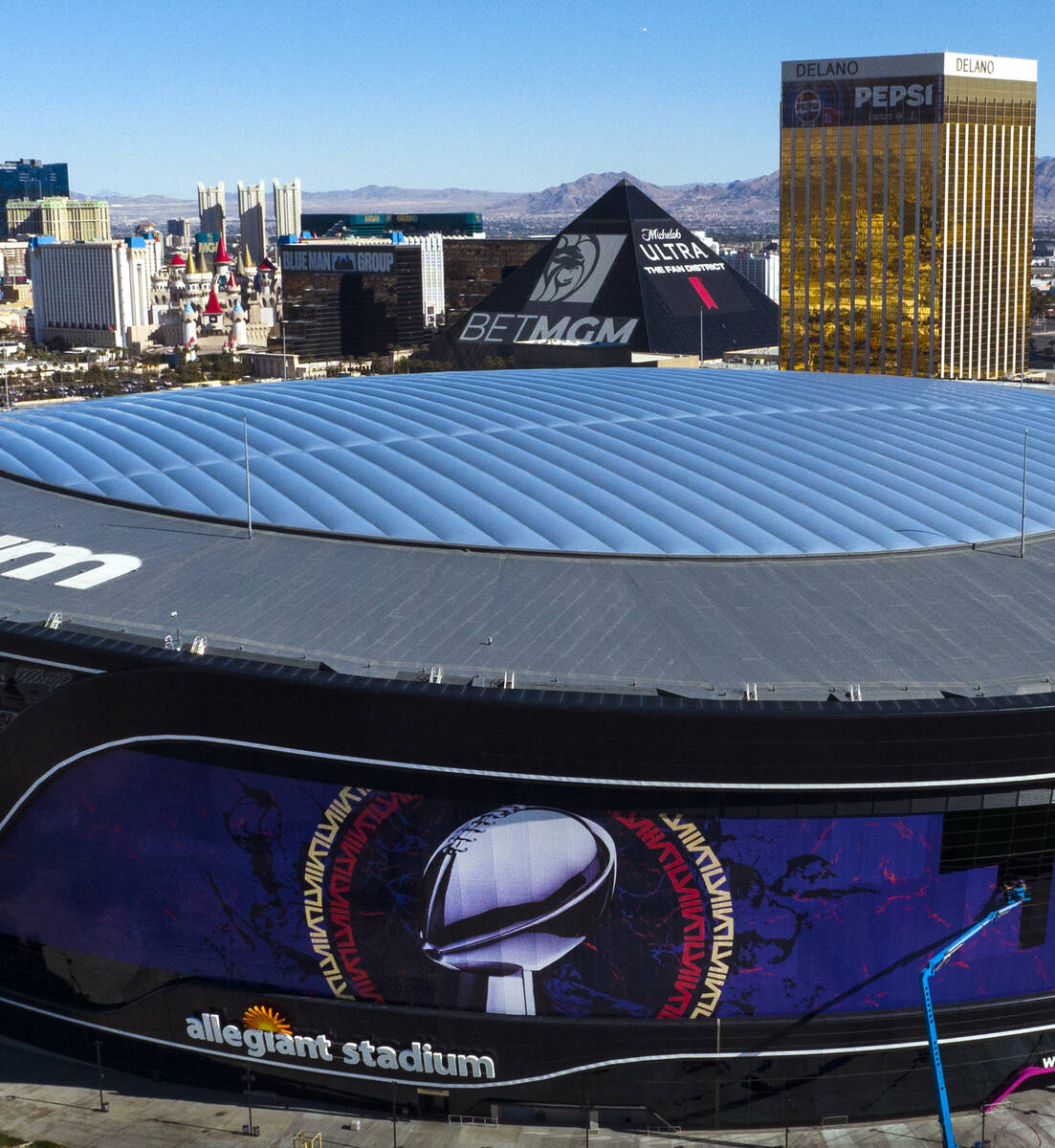 An aerial view of Allegiant Stadium, dressed up for the Super Bowl, on Wednesday, Jan. 26, 2024 ...