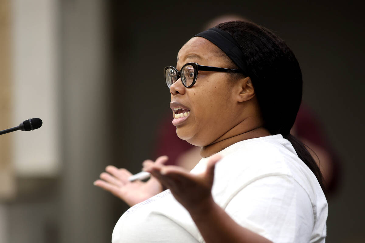 Kamilah Bywater’s, president of the Las Vegas Alliance of Black School Educators, gives ...
