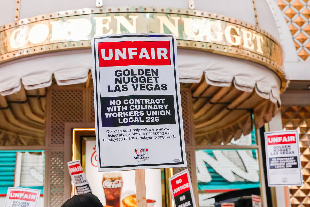 Members of the Culinary Union picket outside of the Golden Nugget on Friday, Feb. 2, 2024 in La ...