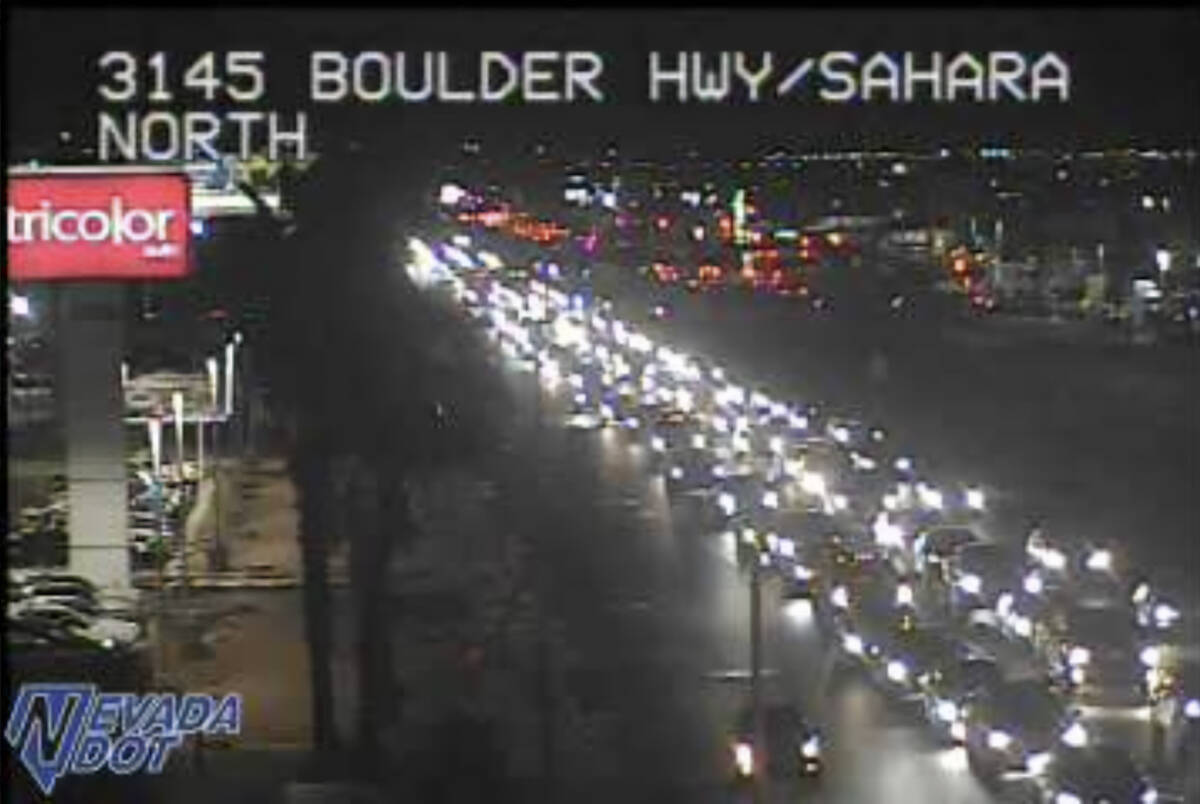 Traffic backs up on southbound Boulder Highway as traffic is diverted off of U.S. 95 Friday, Fe ...
