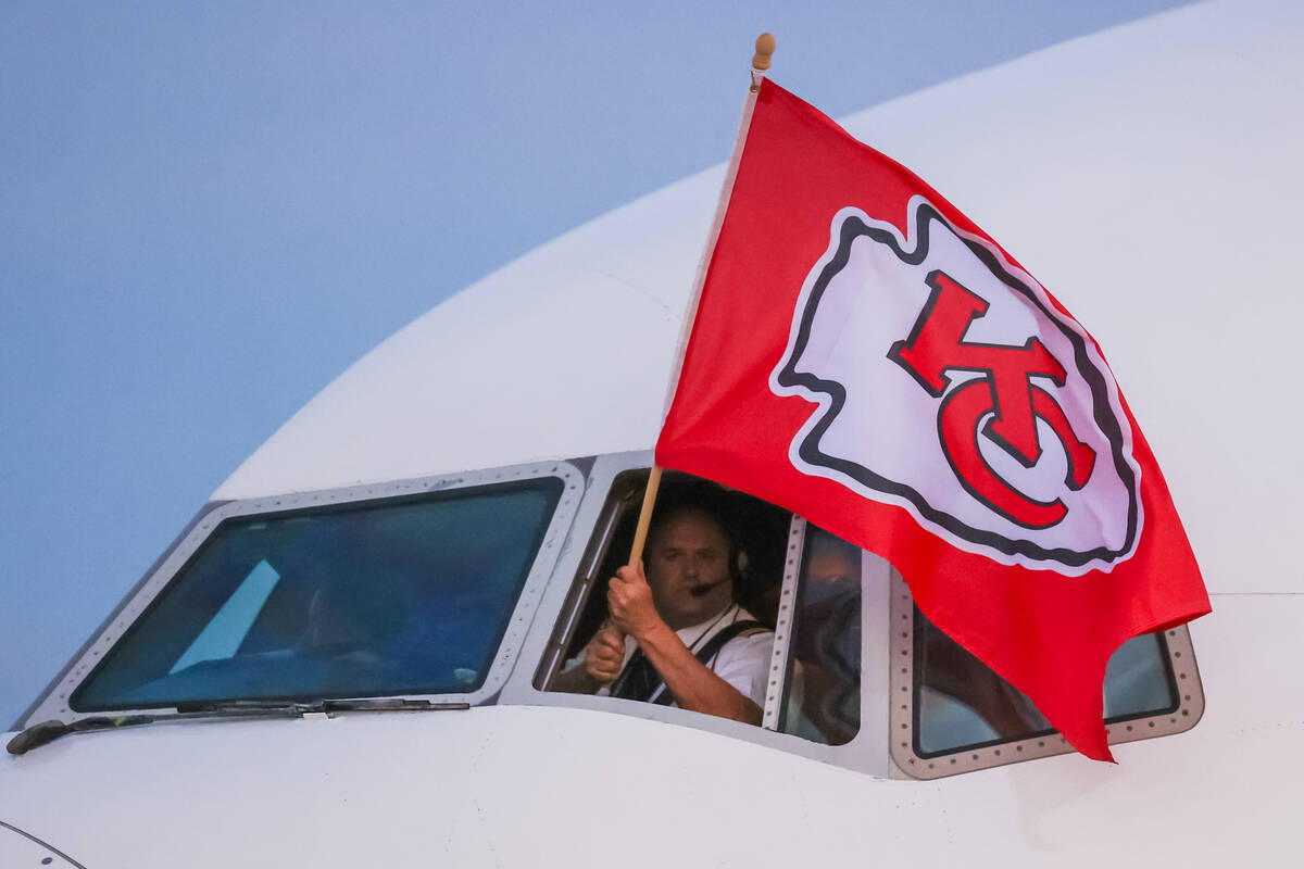 The Kansas City Chiefs arrive at the Harry Reid International Airport on Sunday, Feb. 4, 2024 i ...