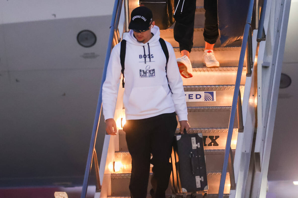 Kansas City Chiefs quarterback Patrick Mahomes arrives at the Harry Reid International Airport ...