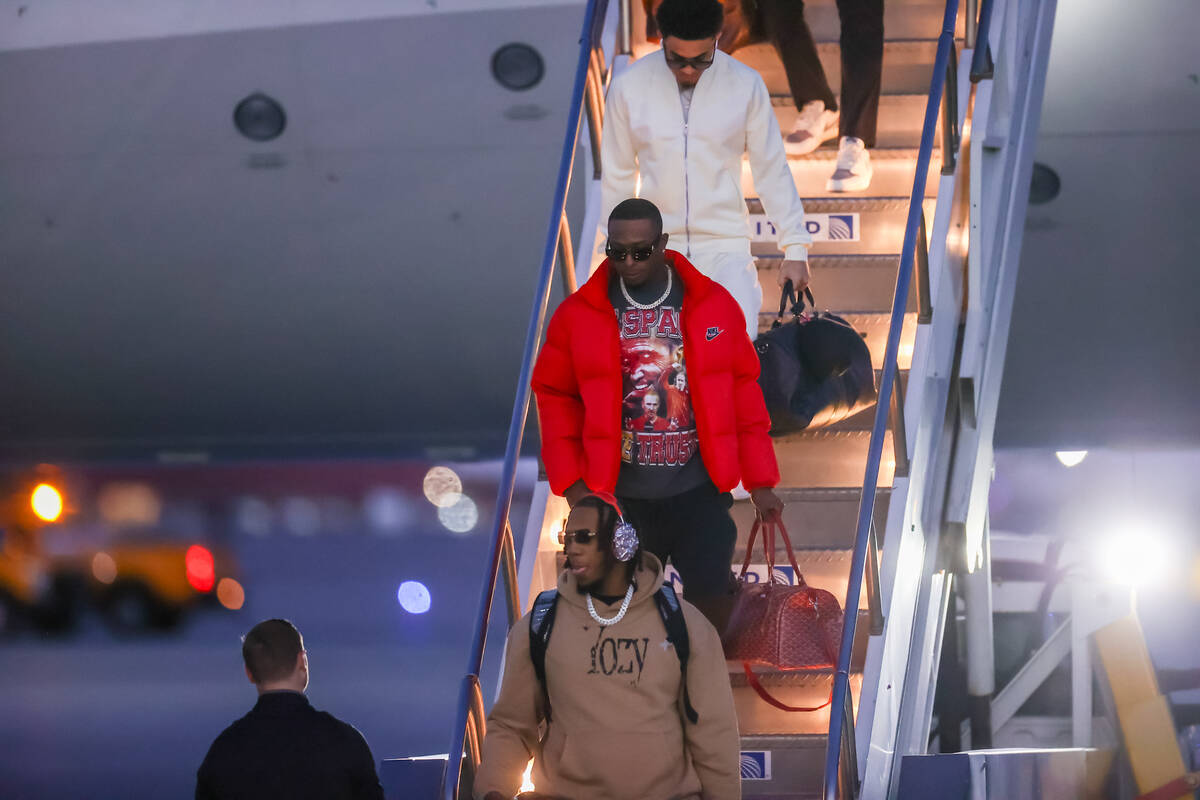 The Kansas City Chiefs arrive at the Harry Reid International Airport on Sunday, Feb. 4, 2024 i ...