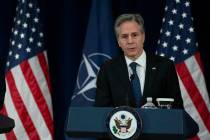 Secretary of State Antony Blinken speaks during a news conference with NATO Secretary General J ...