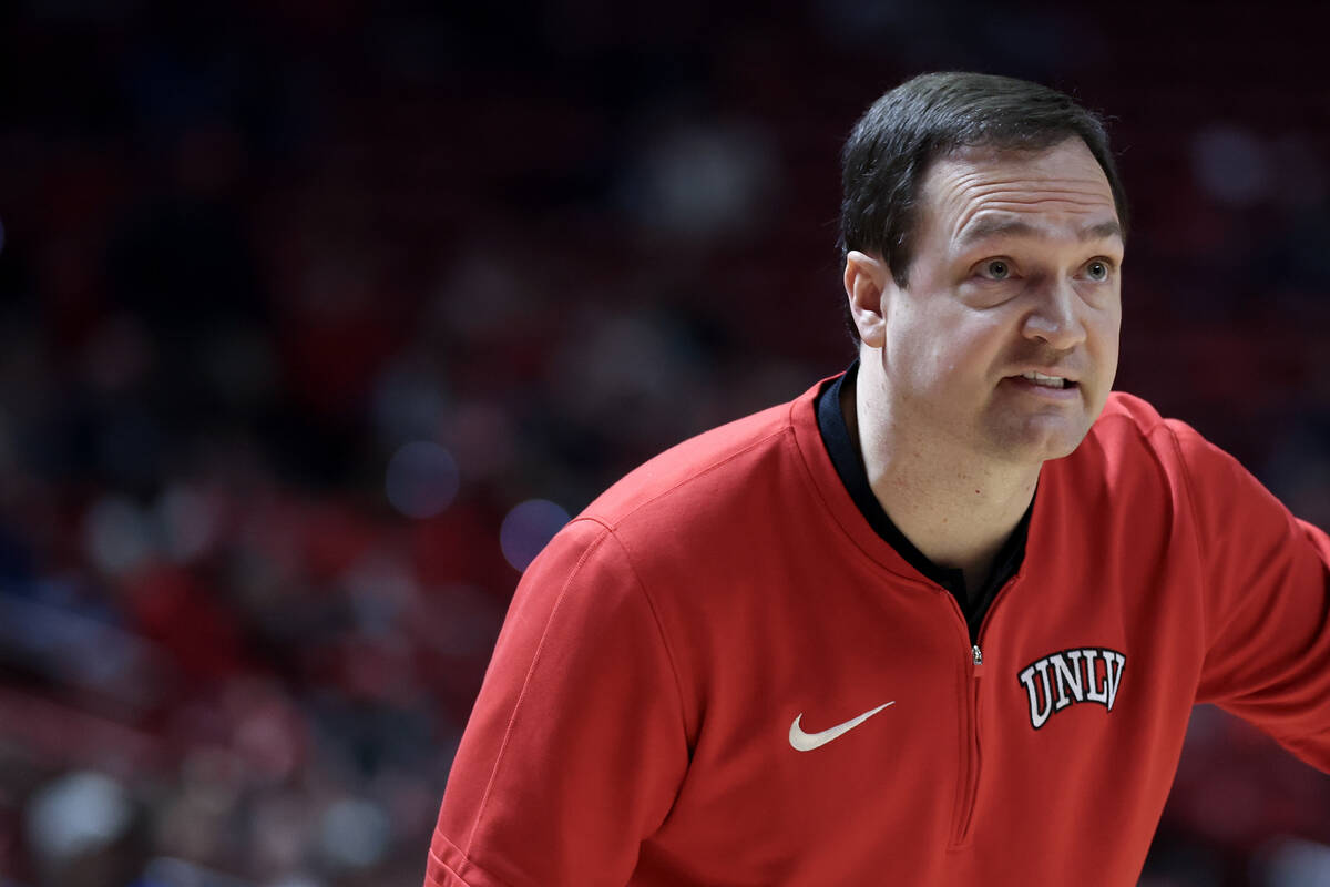 UNLV Rebels head coach Kevin Kruger shouts from the sidelines during the second half of an NCAA ...