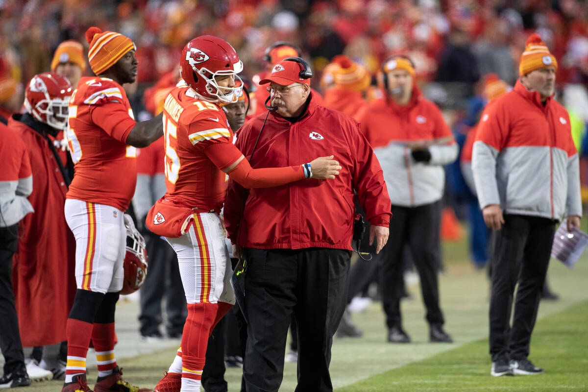 Kansas City Chiefs quarterback Patrick Mahomes (15) and head coach Andy Reid during an NFL divi ...