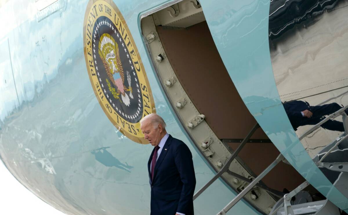 President Joe Biden arrives on Air Force One at Harry Reid International Airport in Las Vegas, ...