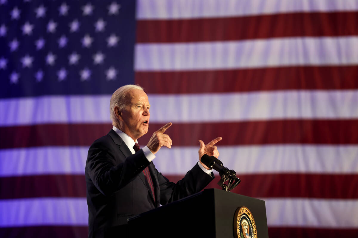President Joe Biden speaks during a campaign event ahead of the Nevada presidential preference ...