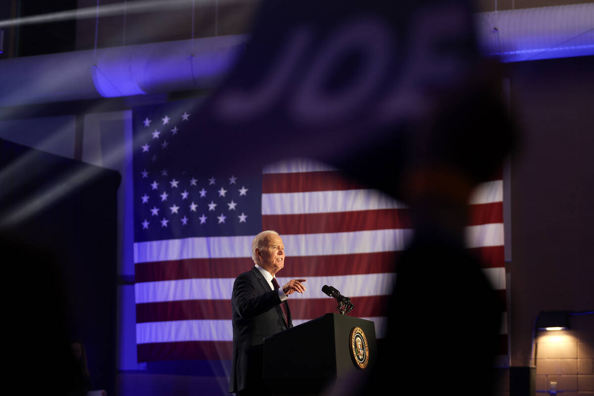 President Joe Biden speaks during a campaign event ahead of the Nevada presidential preference ...