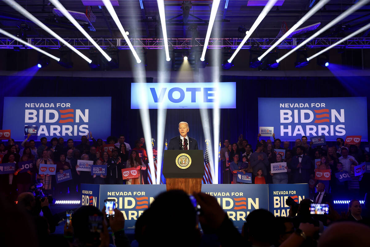 President Joe Biden takes the stage for his speech during a campaign event ahead of the Nevada ...