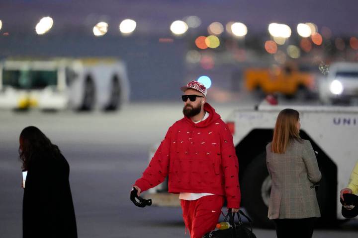Kansas City Chiefs tight end Travis Kelce arrives ahead of the NFL Super Bowl 58 football game ...