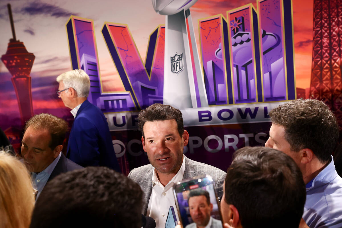 CBS Sports color commentator Tony Romo answers questions during a news conference at Mandalay B ...