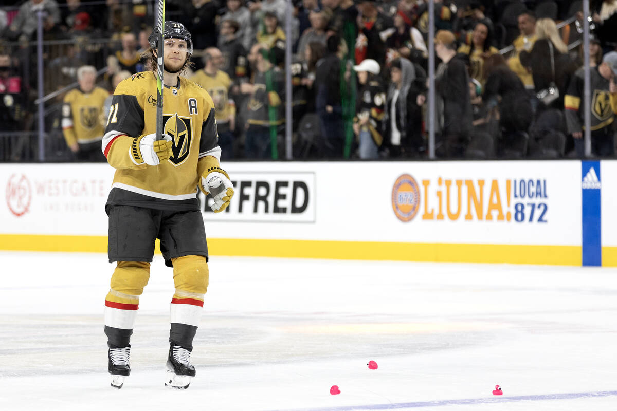 Golden Knights center William Karlsson (71) skates on the ice after winning an NHL hockey game ...