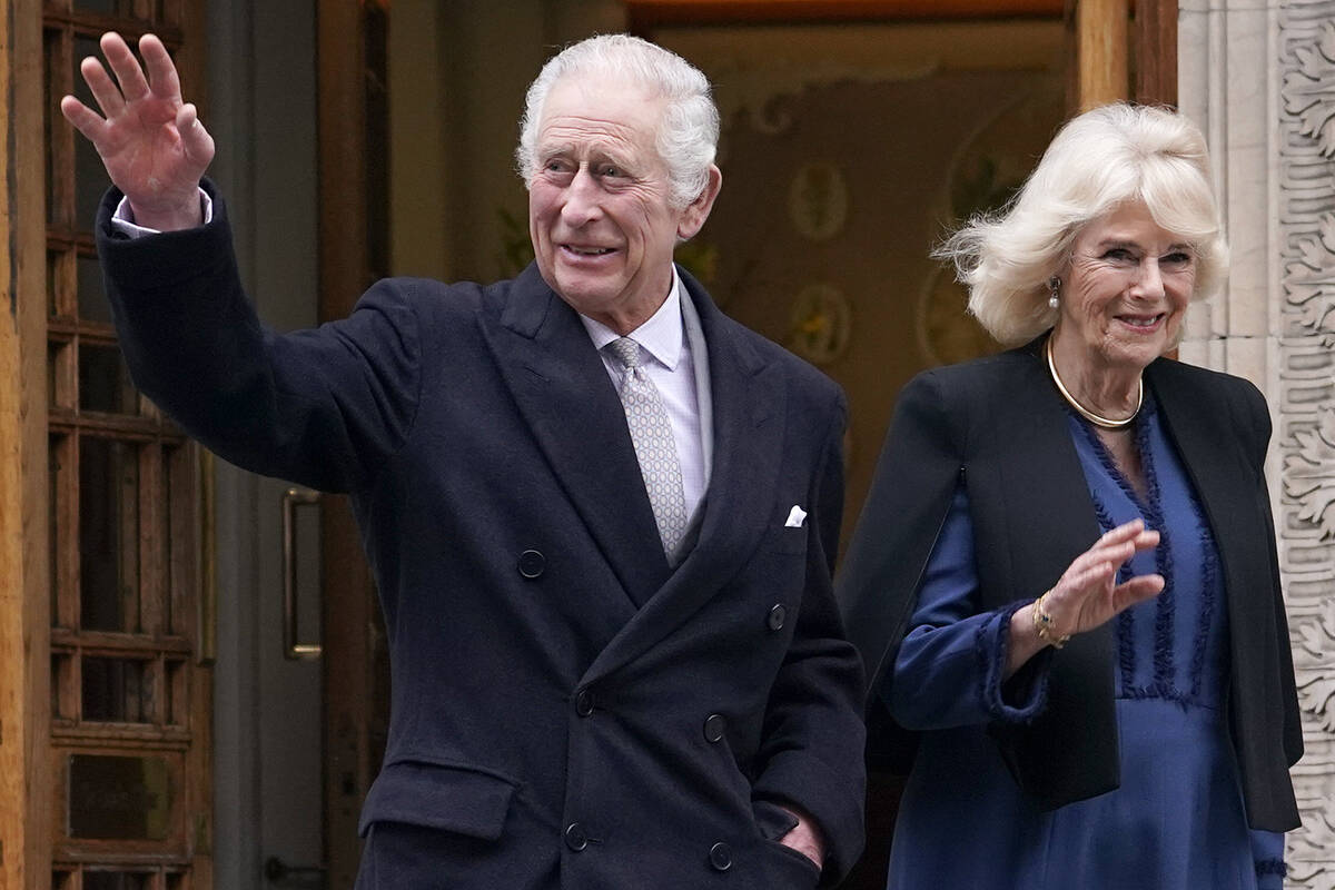 Britain's King Charles III and Queen Camilla leave The London Clinic in central London, Monday, ...
