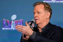 NFL football commissioner Roger Goodell speaks during a Super Bowl 58 news conference, Monday, ...