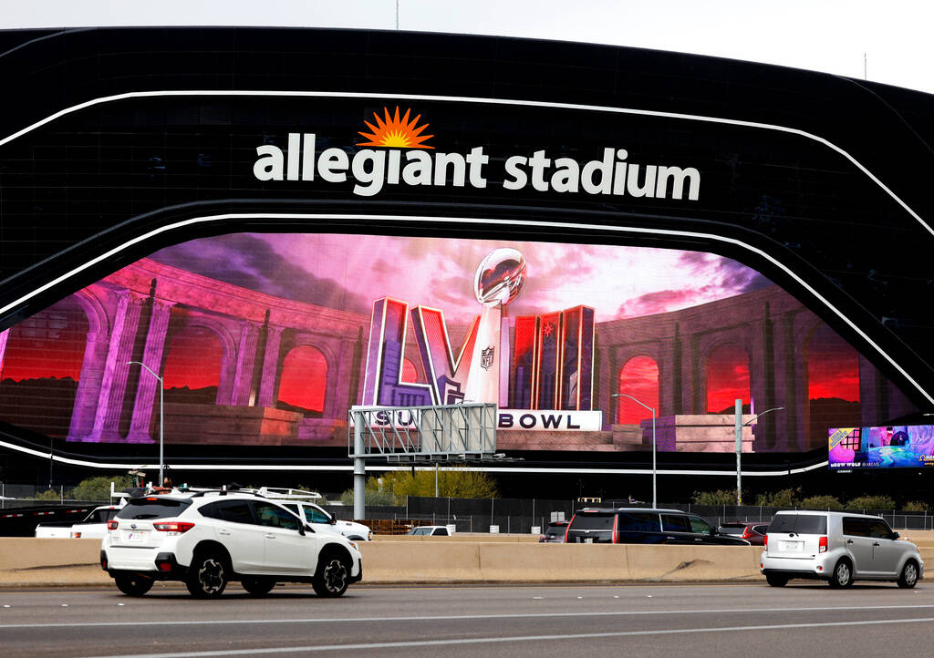 Allegiant Stadium is seen dressed up for the Super Bowl on Friday, Feb. 2, 2024, in Las Vegas. ...