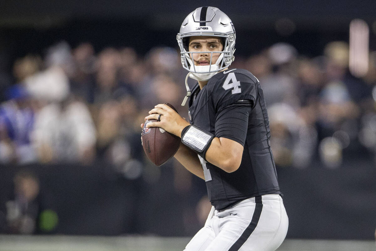 Raiders quarterback Aidan O'Connell (4) prepares to throw during the second half of an NFL game ...