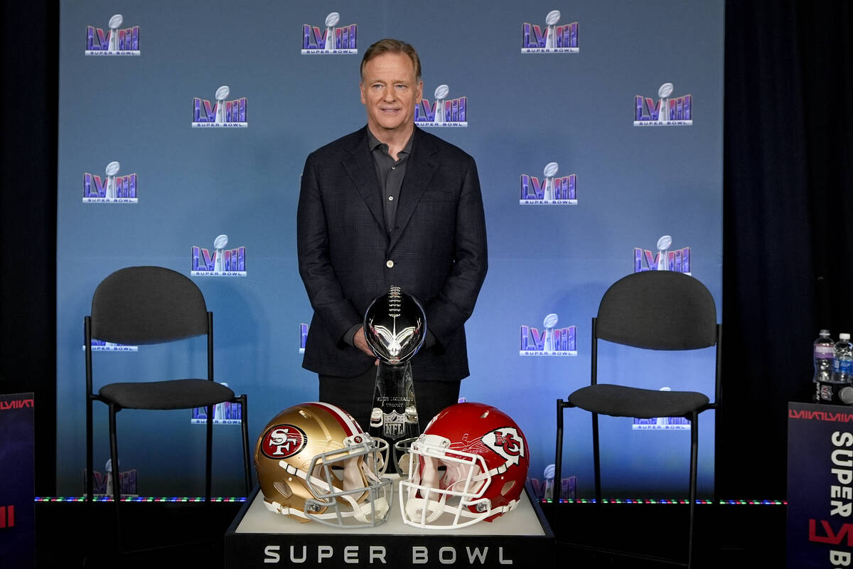 NFL football commissioner Roger Goodell poses during a Super Bowl 58 news conference, Monday, F ...