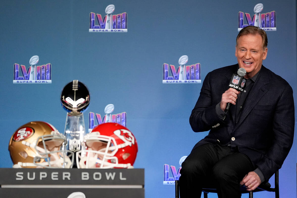 NFL football commissioner Roger Goodell speaks during a Super Bowl 58 news conference, Monday, ...