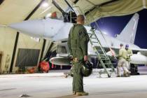 This photo issued by the Ministry of Defence (MOD) on Sunday, Feb. 4, 2024 shows a RAF Typhoon ...