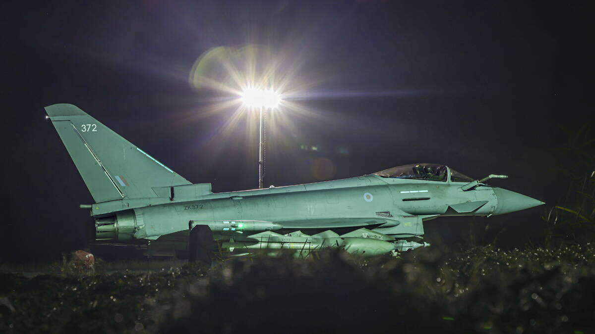 This photo issued by the Ministry of Defence (MOD) on Sunday, Feb. 4, 2024 shows a RAF Typhoon ...