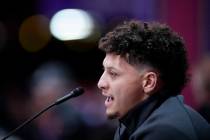 Kansas City Chiefs quarterback Patrick Mahomes speaks to the media during NFL football Super Bo ...