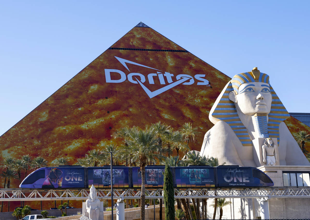 The Doritos ad wraps the east side of the Luxor, on Thursday, Jan. 4, 2024, in Las Vegas. (Bizu ...