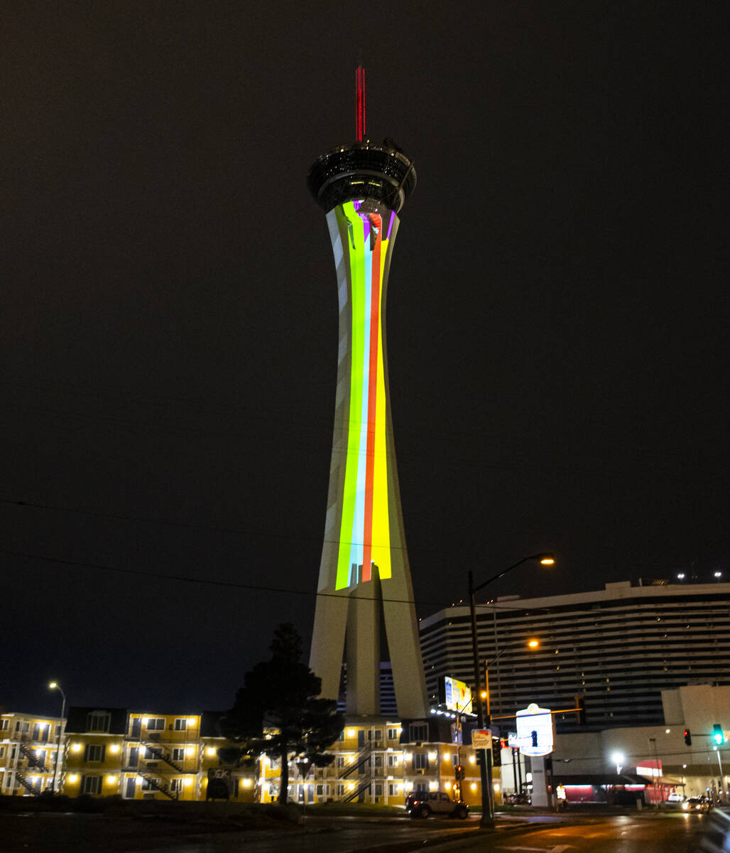 Lighting projections are tested on The Strat on Monday, Feb. 5, 2024, in Las Vegas. (Chase Stev ...