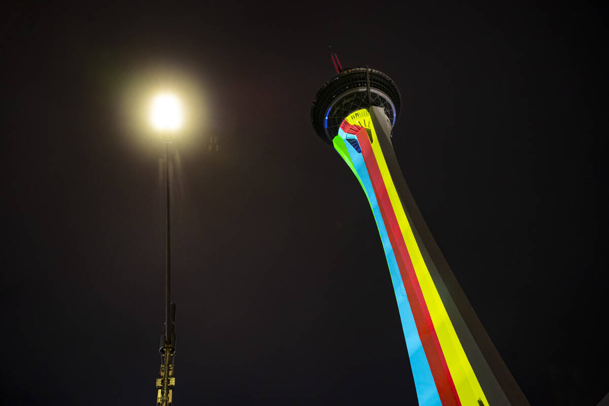 Lighting projections are tested on The Strat on Monday, Feb. 5, 2024, in Las Vegas. (Chase Stev ...
