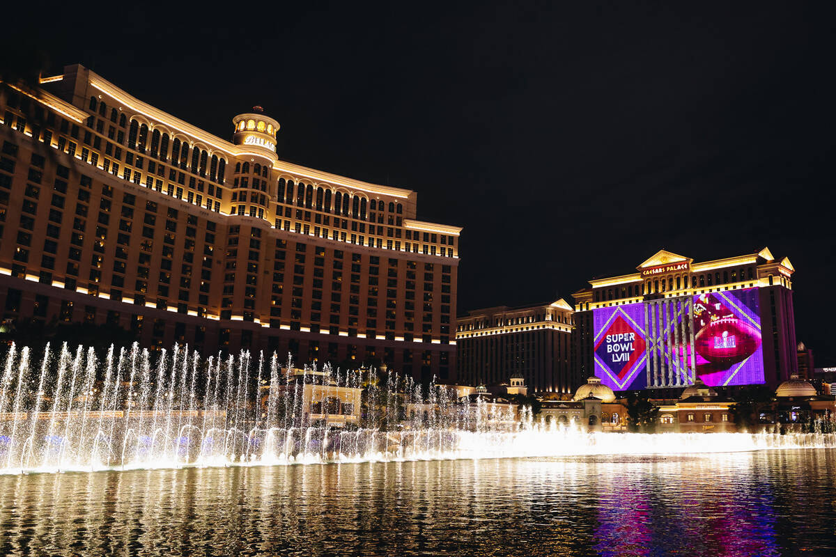 The Fountains of Bellagio go off before a 65,000-square-foot “Super Bowl Projection Show" tak ...