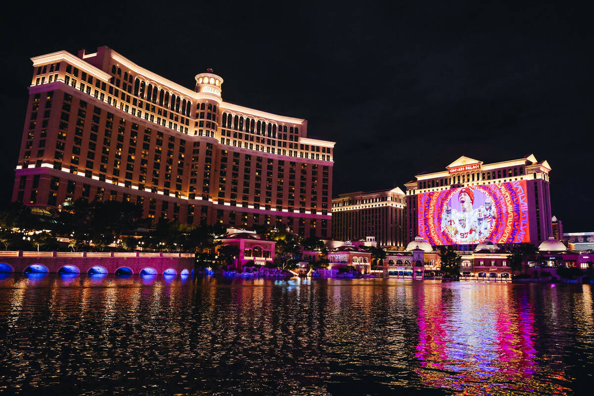 The 65,000-square-foot “Super Bowl Projection Show" takes place on the side of Caesars Palac ...