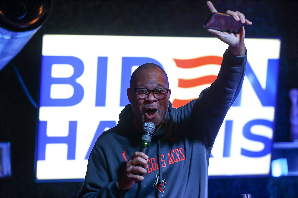 Nevada Attorney General Aaron Ford speaks during a celebration after polls in the primary prefe ...