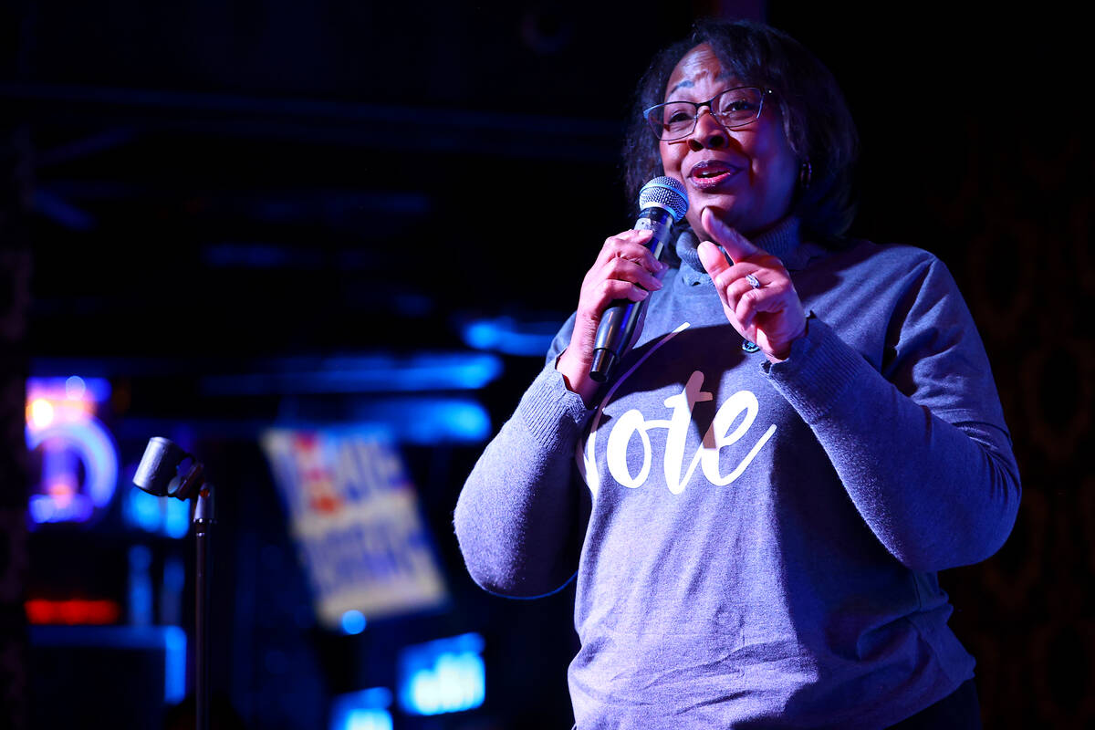 Danielle Monroe-Moreno, chairwoman of the the Nevada State Democratic Party, speaks during a ce ...