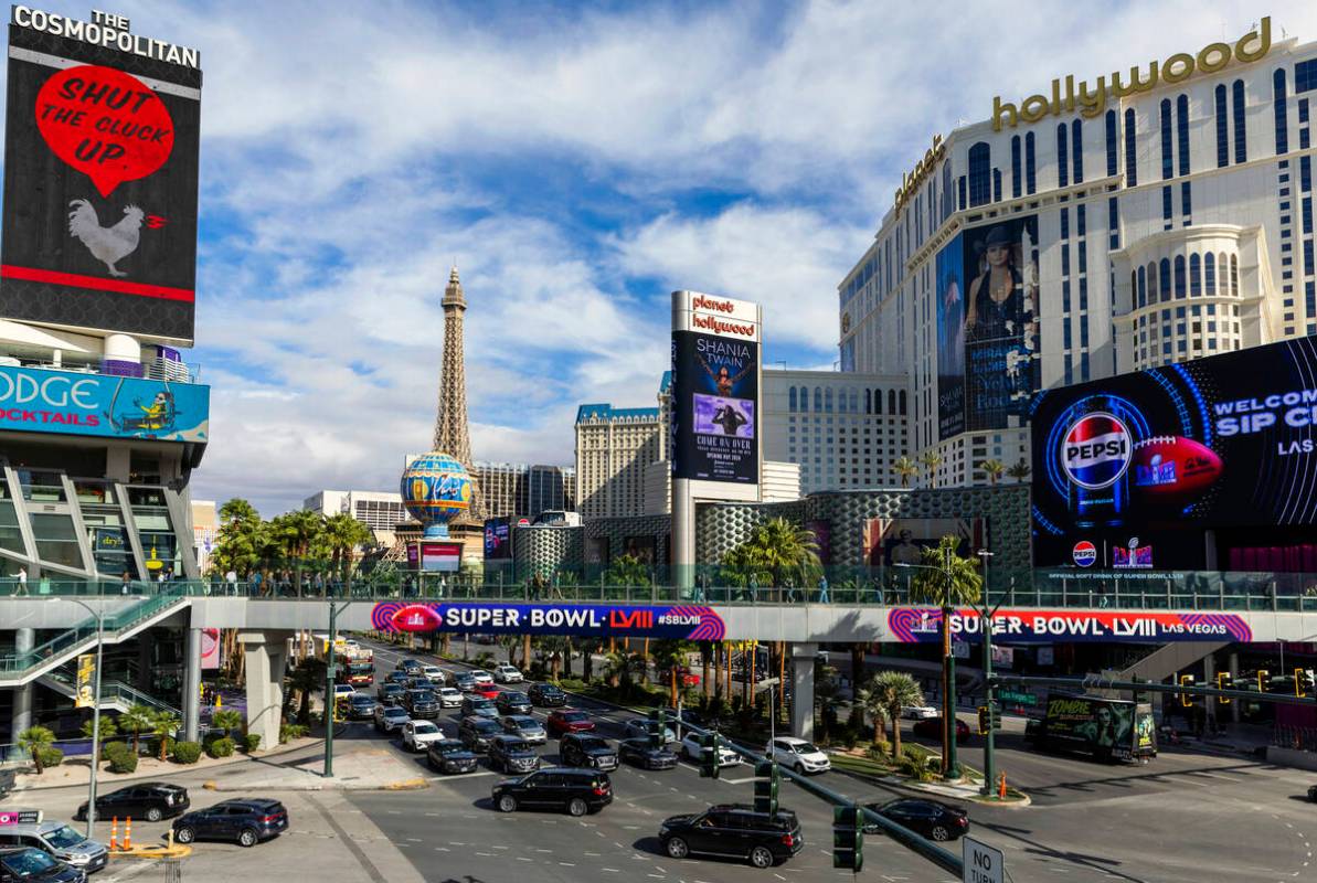 Super Bowl advertising on a pedestrian bridge along the Strip on Wednesday, Feb. 7, 2024, in La ...